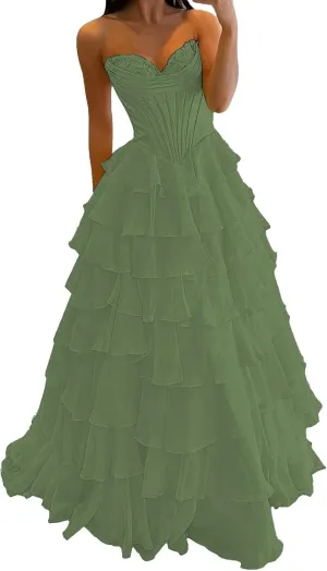 Strapless Corset Prom Dresses for Women 2025 Long Tiered Ruffle Chiffon Formal Party Evening Gown Tulle Dress with Slit