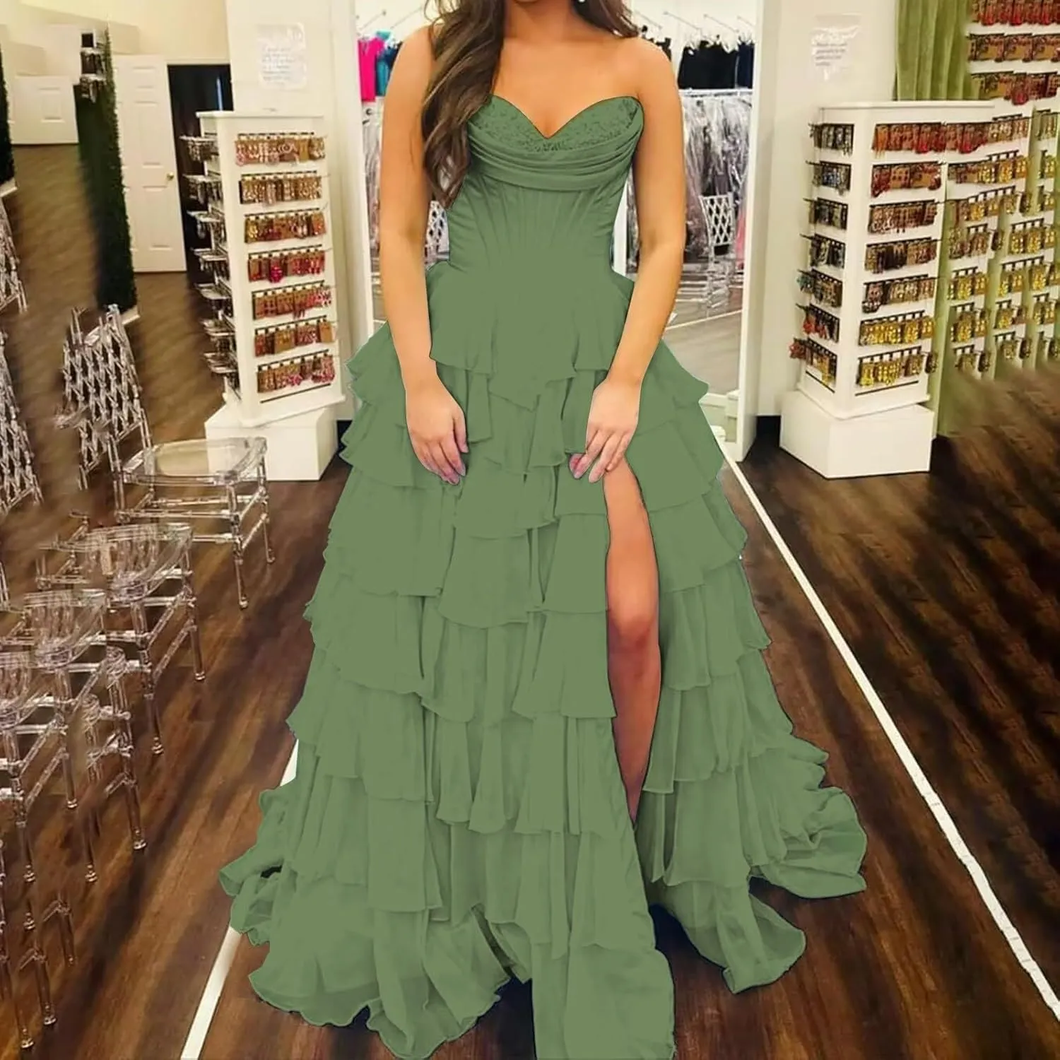 Strapless Corset Prom Dresses for Women 2025 Long Tiered Ruffle Chiffon Formal Party Evening Gown Tulle Dress with Slit