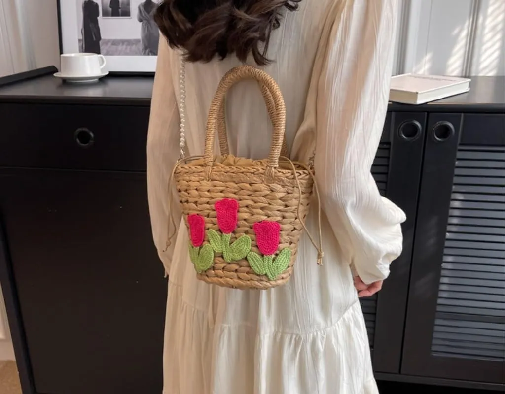 Straw Purse Niche Design Straw Bag Women's Bag Personality Messenger Bag Portable Bucket Bag Straw Purses