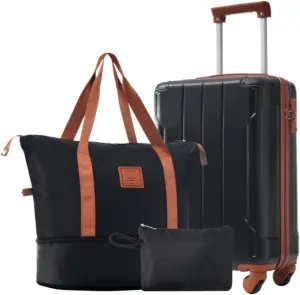 Suitcase 3-piece Set, 20-inch Hard Shell Suitcase Set with Wheels, TSA Combination Lock, Adjustable Handle, Metal Corner Protector, Suitable for Outdoor Travel, Black