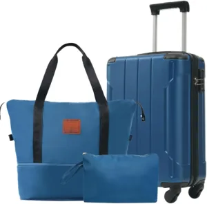 Suitcase 3-piece Set, 20-inch Hard Shell Suitcase Set with Wheels, TSA Combination Lock, Adjustable Handle, Metal Corner Protector, Suitable for Outdoor Travel, Blue