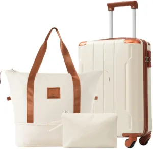 Suitcase 3-piece Set, 20-inch Hard Shell Suitcase Set with Wheels, TSA Combination Lock, Adjustable Handle, Metal Corner Protector, Suitable for Outdoor Travel, White