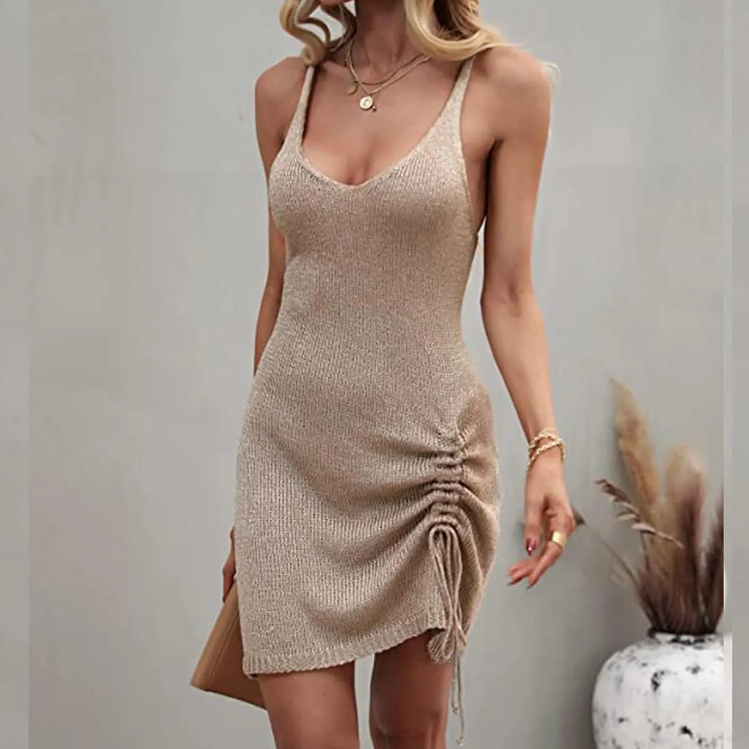 Summer Dresses for Women 2024 Crochet Sleeveless Crew Neck Side Drawstring Beach Sundresses Slim Casual Mini Dress