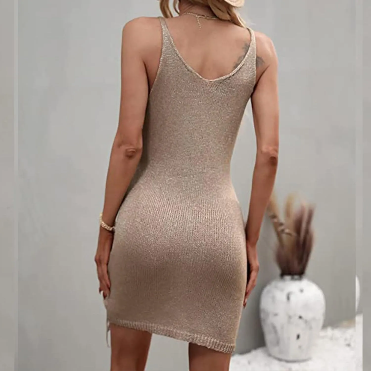 Summer Dresses for Women 2024 Crochet Sleeveless Crew Neck Side Drawstring Beach Sundresses Slim Casual Mini Dress