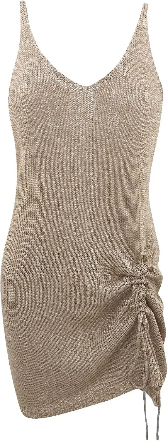 Summer Dresses for Women 2024 Crochet Sleeveless Crew Neck Side Drawstring Beach Sundresses Slim Casual Mini Dress