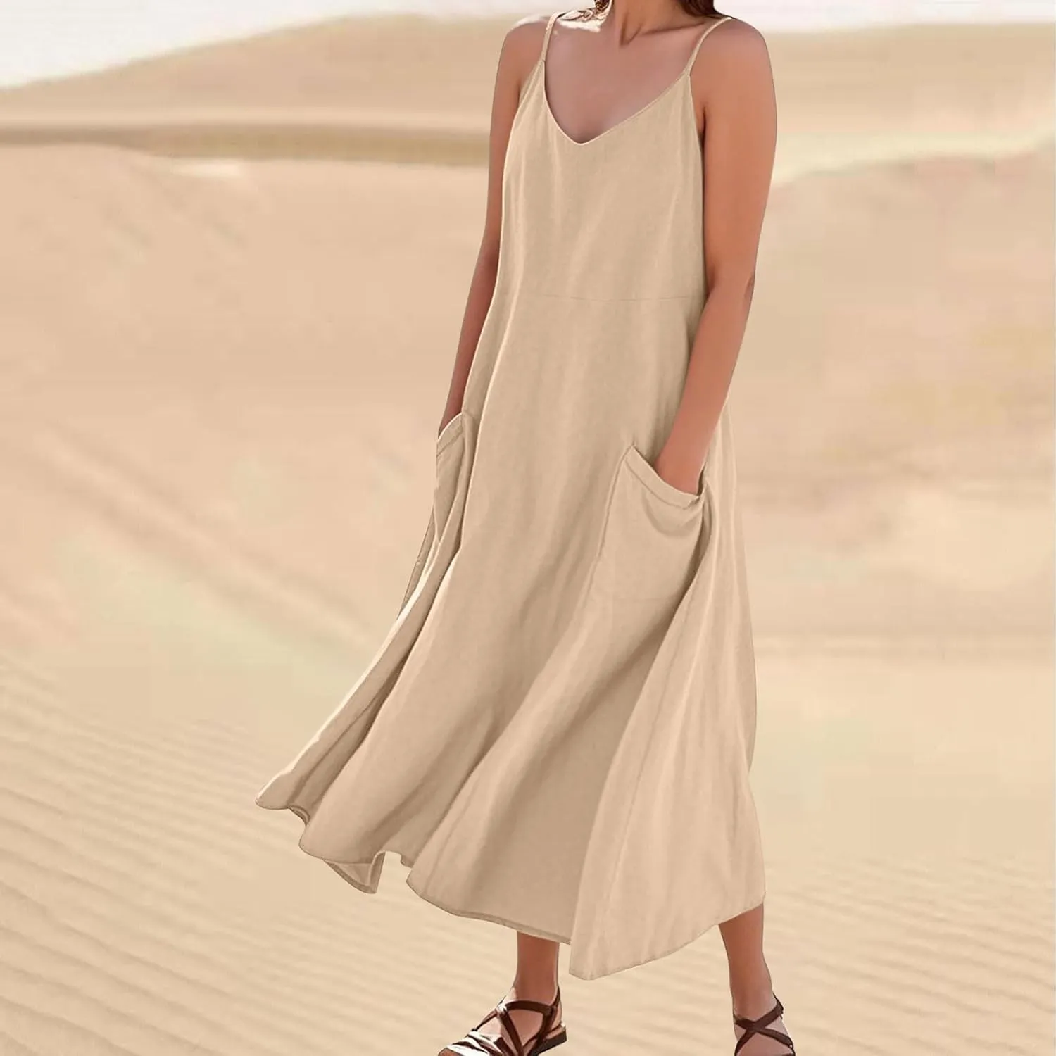 Summer Dresses for Women 2025 Spring Plus Size Linen Maxi Dress Sleeveless Crewneck Sundress Outfits Clothes