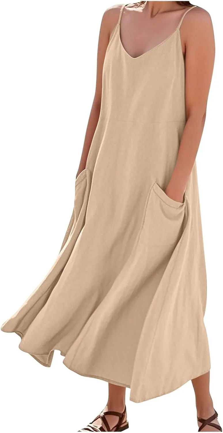 Summer Dresses for Women 2025 Spring Plus Size Linen Maxi Dress Sleeveless Crewneck Sundress Outfits Clothes