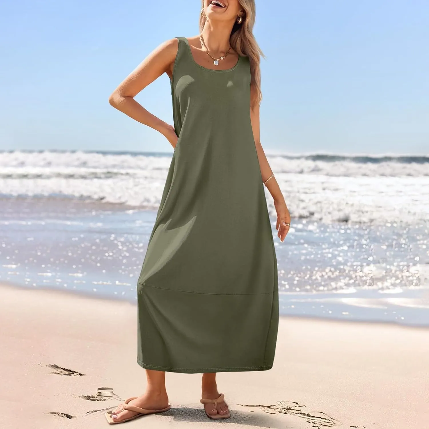 Tank Dress Casual Summer Boho Flowy Maxi Dresses with Pockets Cute Long Midi Sundresses for Beach Vacation Tunic Dress
