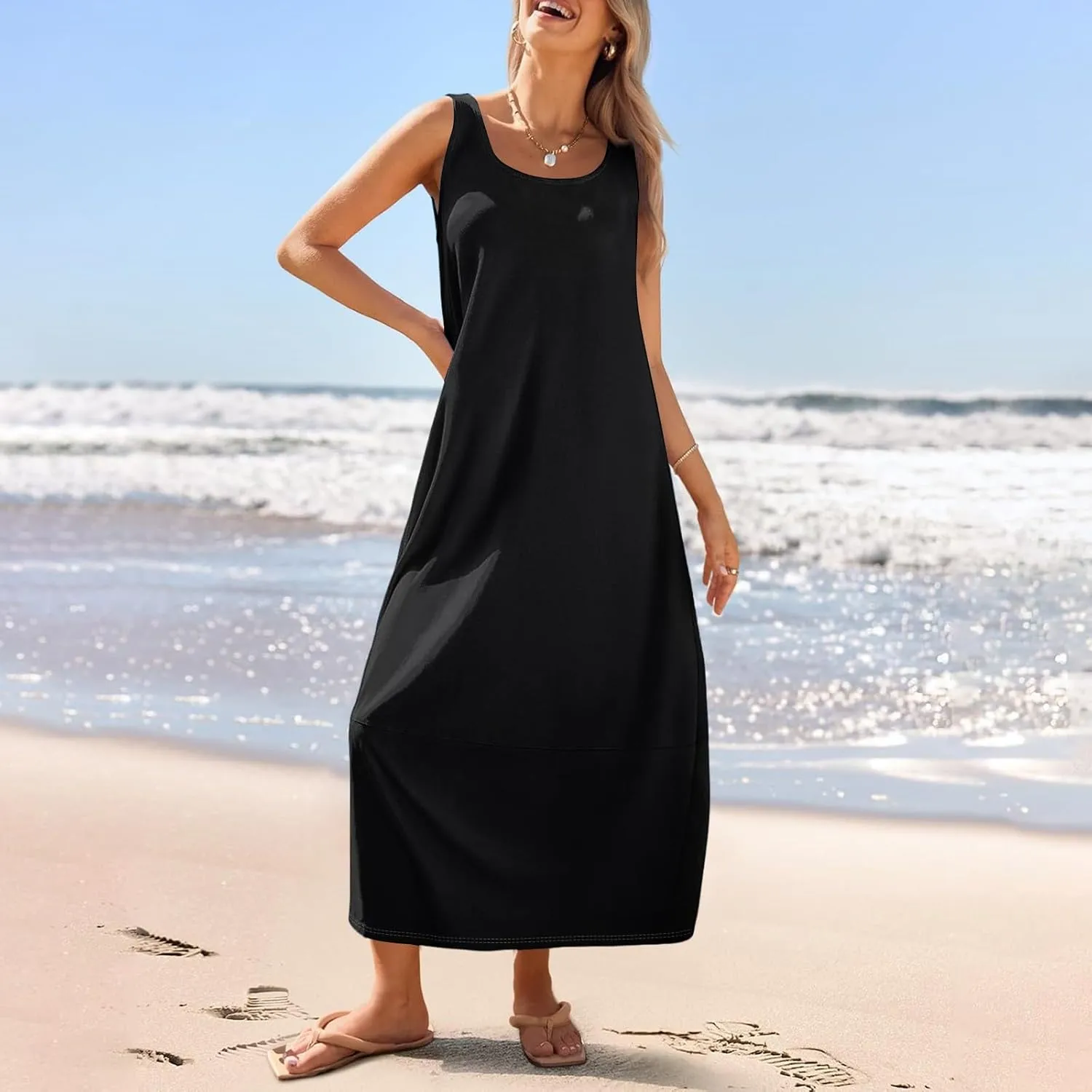 Tank Dress Casual Summer Boho Flowy Maxi Dresses with Pockets Cute Long Midi Sundresses for Beach Vacation Tunic Dress