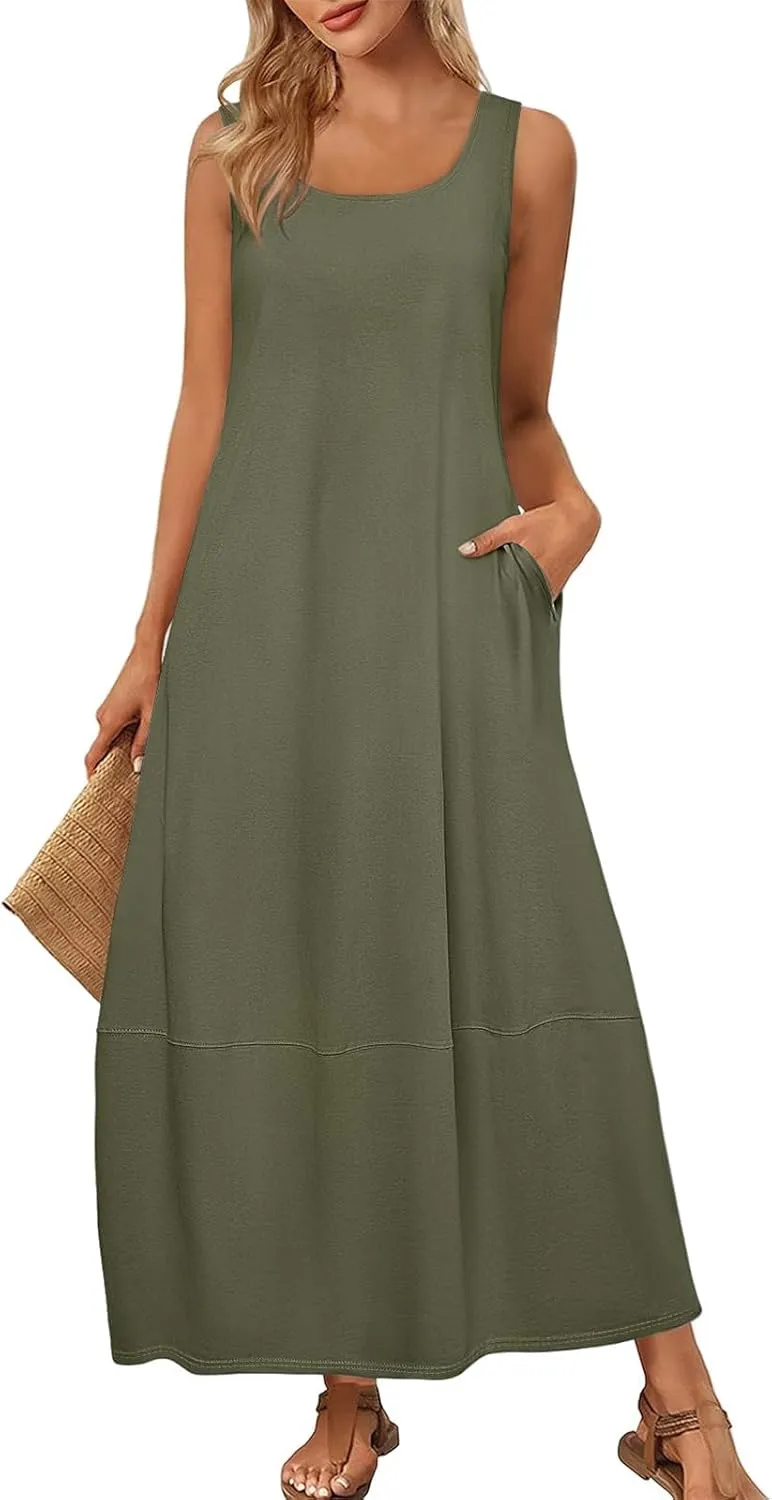 Tank Dress Casual Summer Boho Flowy Maxi Dresses with Pockets Cute Long Midi Sundresses for Beach Vacation Tunic Dress