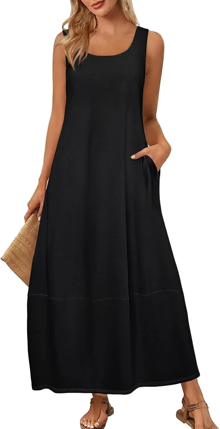Tank Dress Casual Summer Boho Flowy Maxi Dresses with Pockets Cute Long Midi Sundresses for Beach Vacation Tunic Dress
