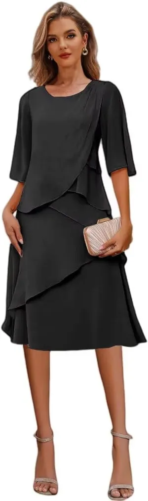 Tea Length Mother of The Bride Dresses for Women 2025 Chiffon Formal Wedding Guest Dress with Sleeves