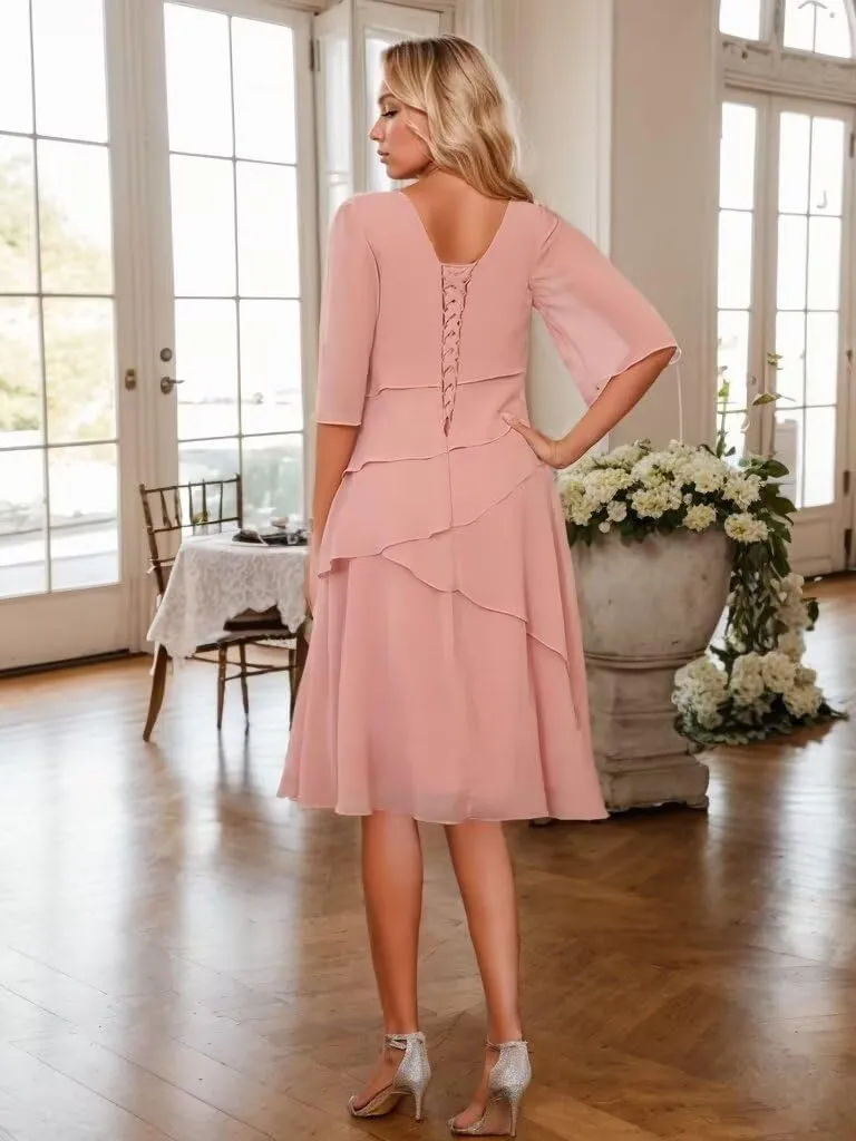 Tea Length Mother of The Bride Dresses for Women 2025 Chiffon Formal Wedding Guest Dress with Sleeves