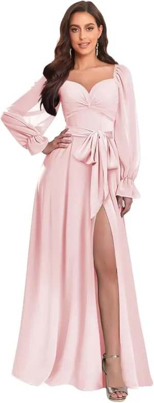 TORYEMY Chiffon Long Sleeve Bridesmaid Dresses for Wedding V Neck Long Formal Evening Gown with Slit