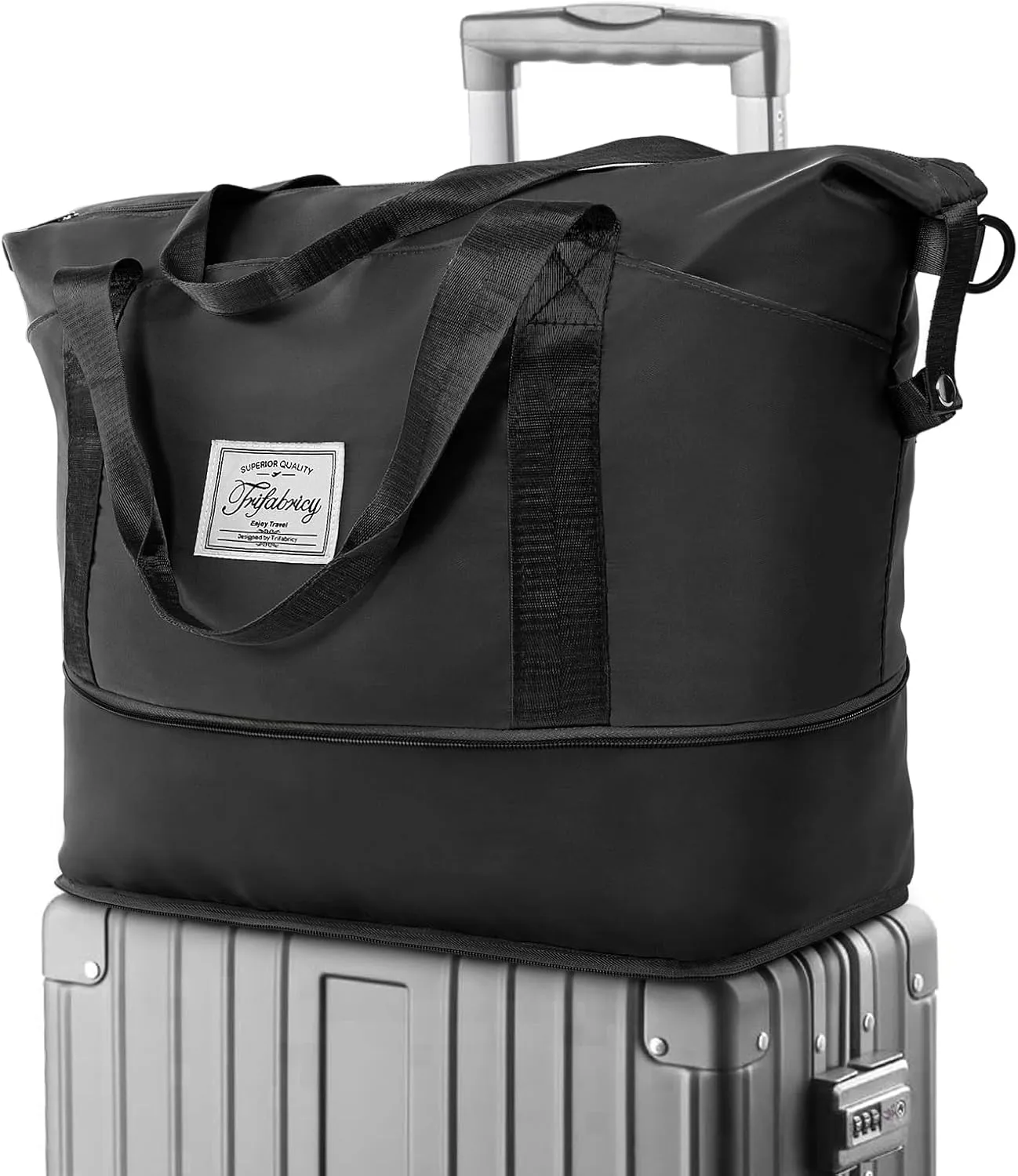 Travel Duffel Bag - Large Shoulder Weekender Overnight Bag, Carry on Bags with Wet Pocket, Waterproof Expandable Duffel Bags with Trolley Sleeve for Sports Travel Gym, Black