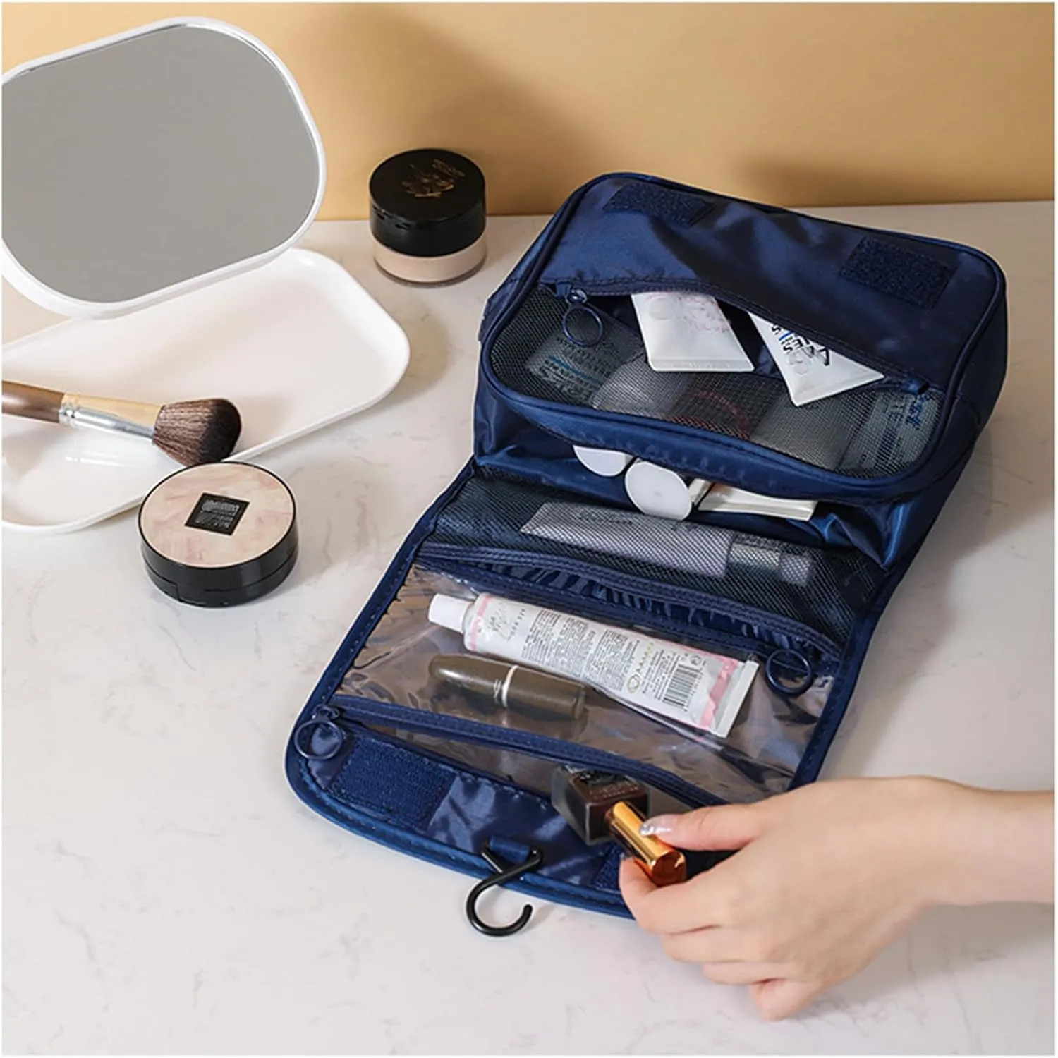 Travel Toiletry Bag with Hook, Hanging Toiletries Bag for Women Makeup and Small Cosmetics Organizer Blue