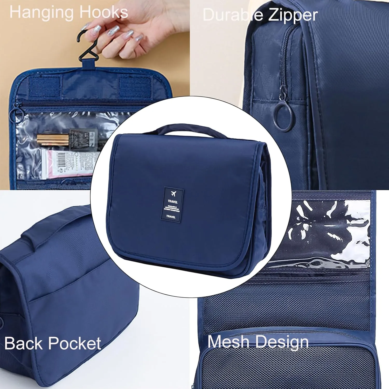 Travel Toiletry Bag with Hook, Hanging Toiletries Bag for Women Makeup and Small Cosmetics Organizer Blue