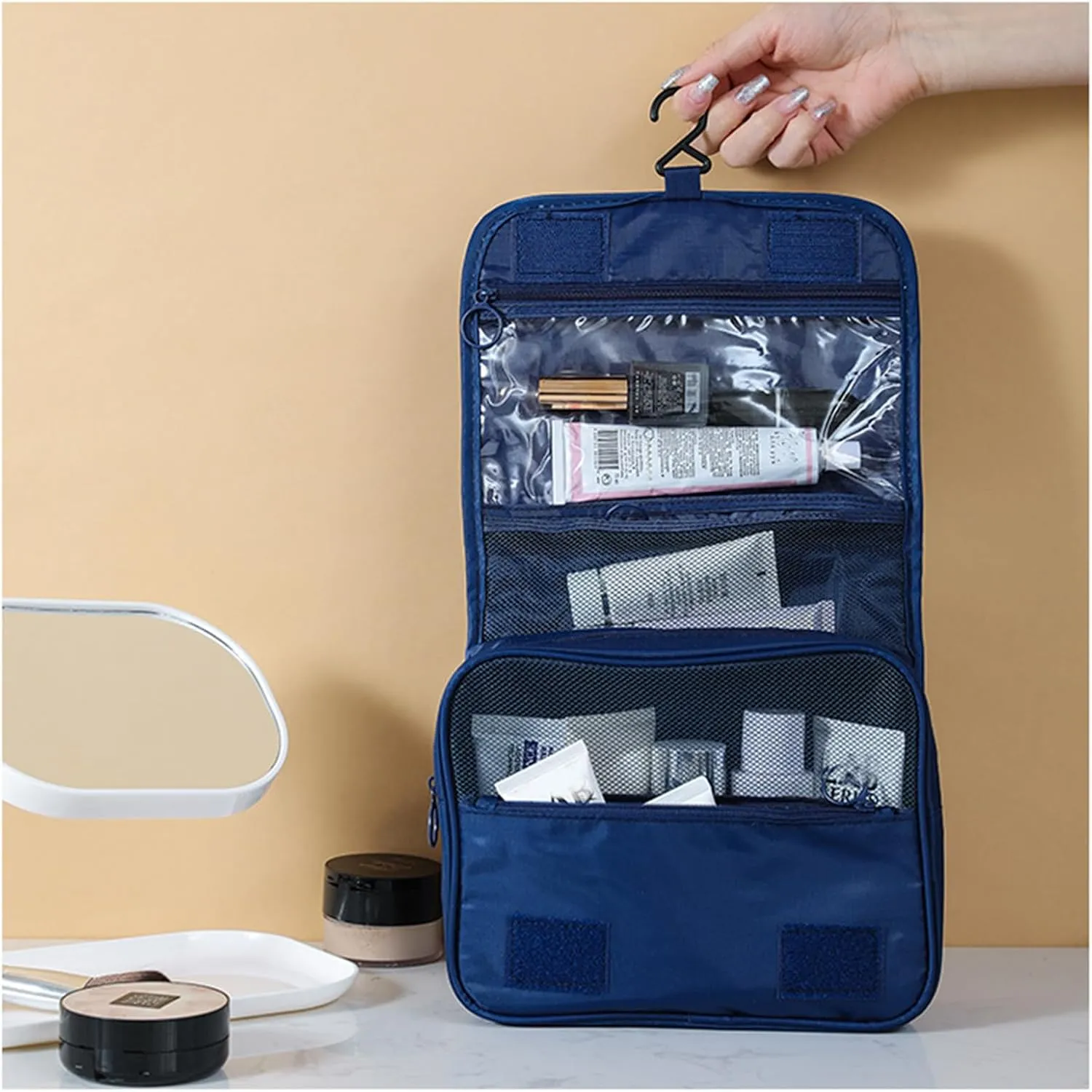 Travel Toiletry Bag with Hook, Hanging Toiletries Bag for Women Makeup and Small Cosmetics Organizer Blue