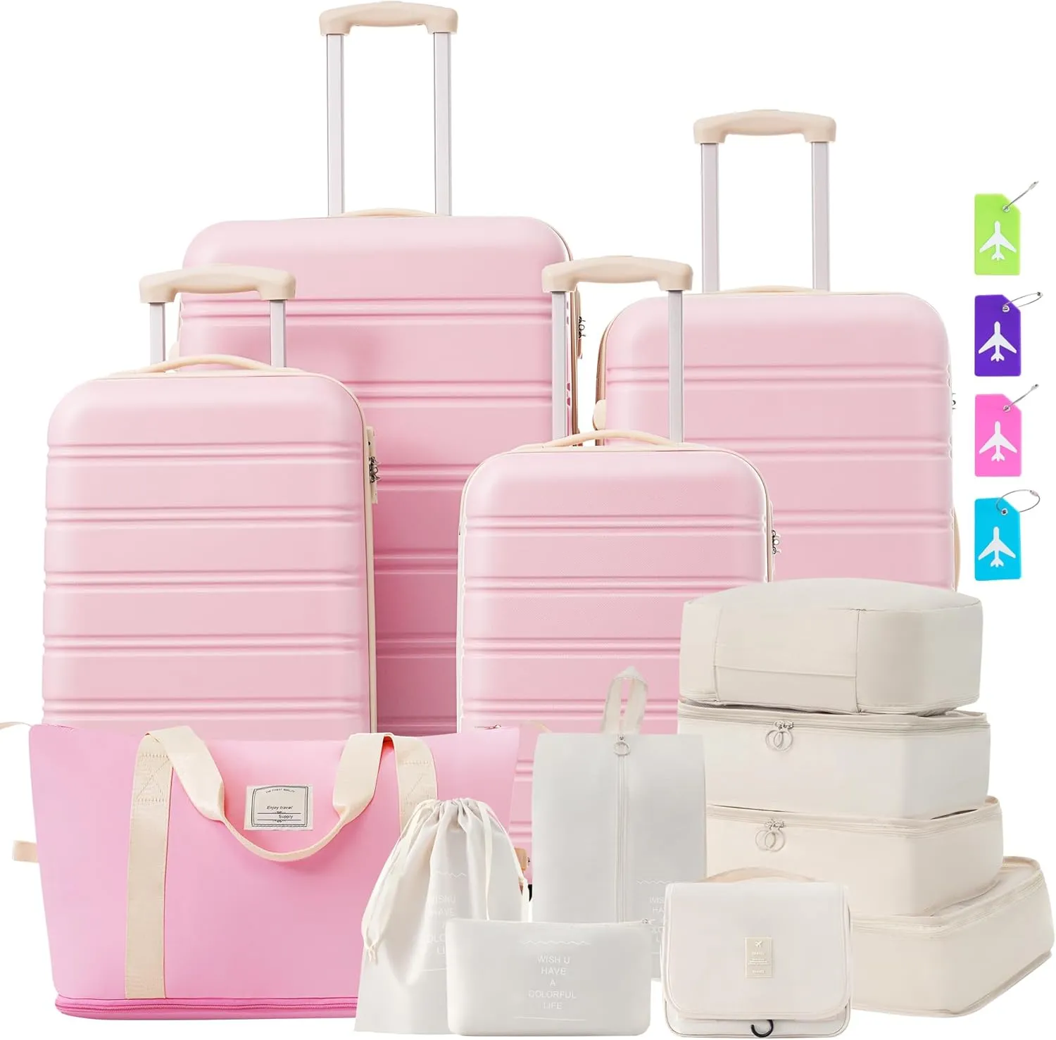 Travel with Lightweight Hardshell Luggage Set, Durable ABS Material, Expandable Spinner Suitcases of 16-28 inches, Light Pink