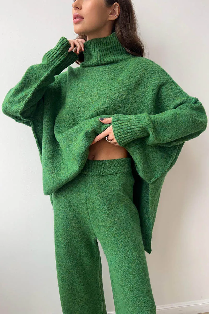 Turtleneck Split Sweater Loose Knit Pants Set