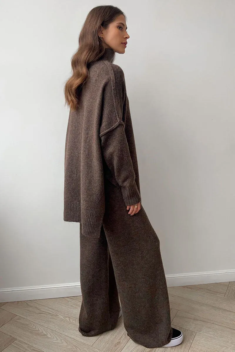 Turtleneck Split Sweater Loose Knit Pants Set