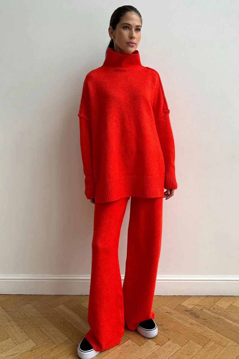 Turtleneck Split Sweater Loose Knit Pants Set