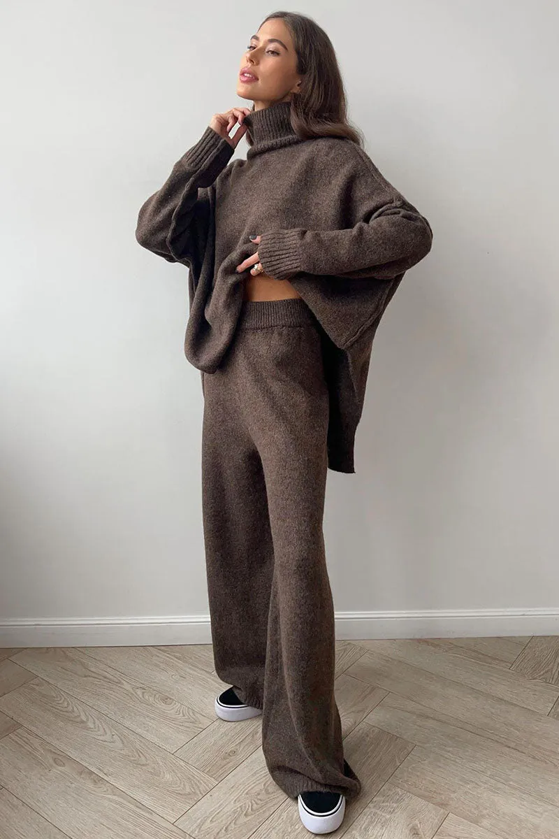 Turtleneck Split Sweater Loose Knit Pants Set