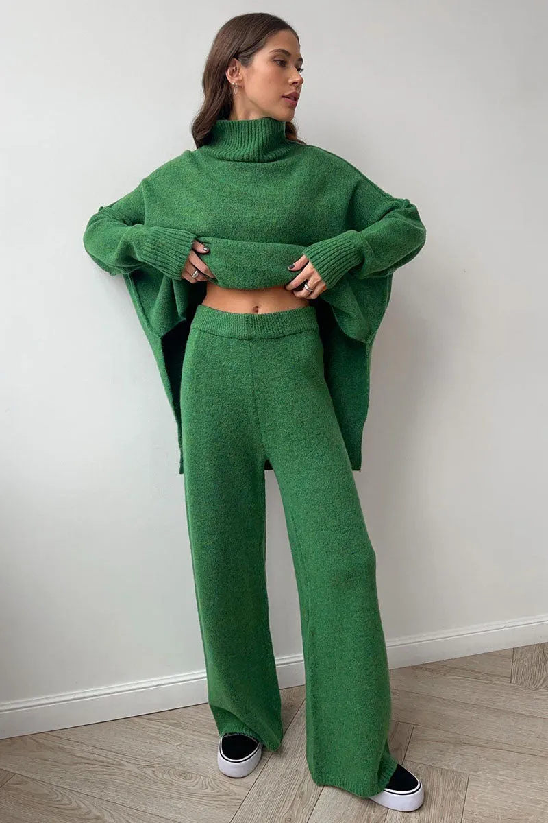 Turtleneck Split Sweater Loose Knit Pants Set