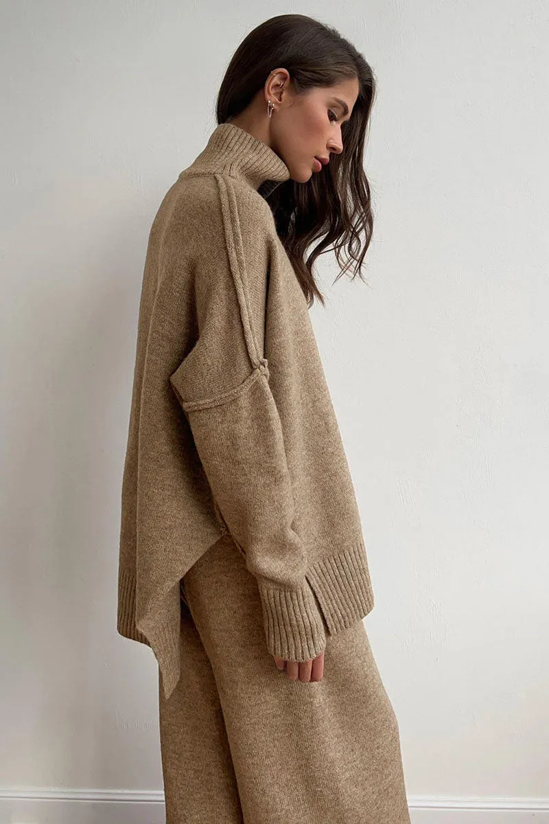 Turtleneck Split Sweater Loose Knit Pants Set