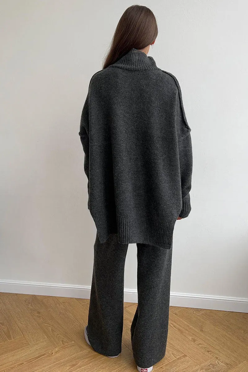 Turtleneck Split Sweater Loose Knit Pants Set