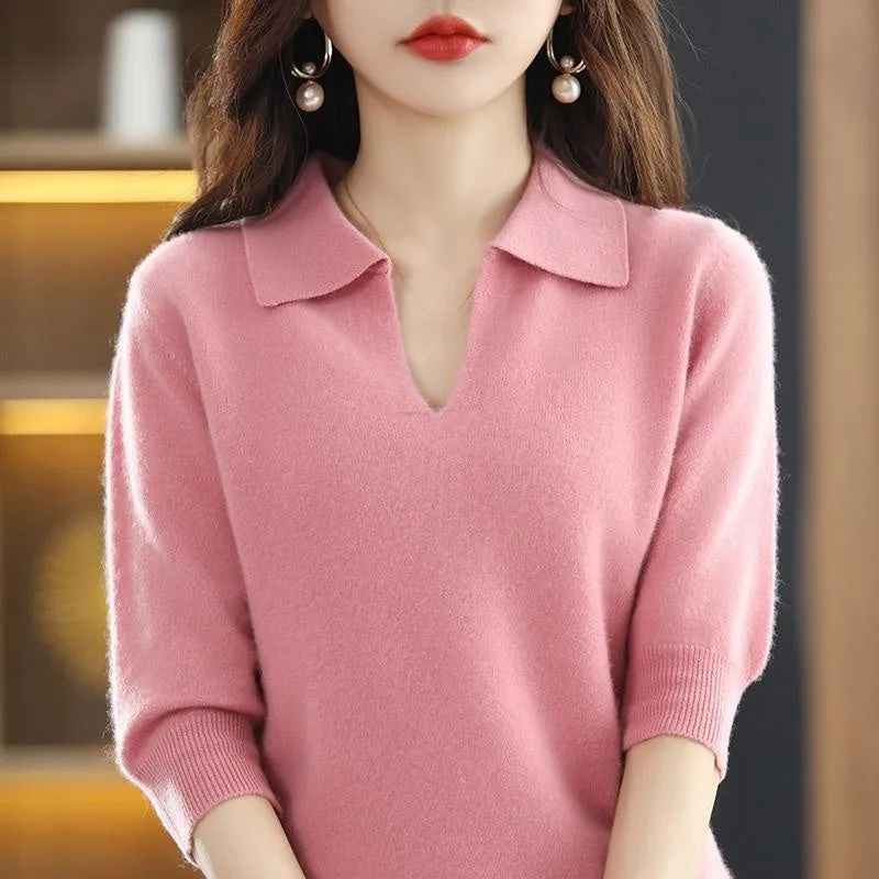 V-neck seven quarter sleeve loose knit base shirt