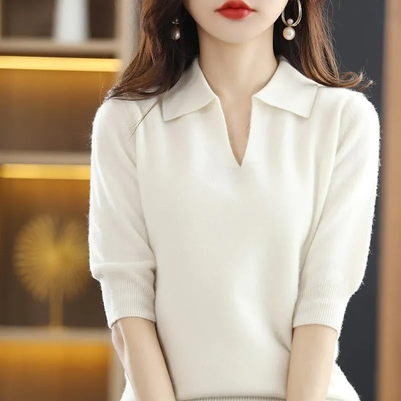 V-neck seven quarter sleeve loose knit base shirt