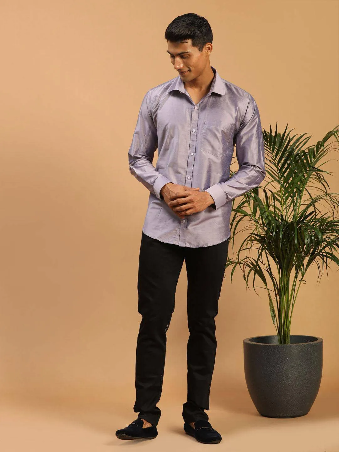 VASTRAMAY Men's Purple Silk Blend Ethnic Shirt