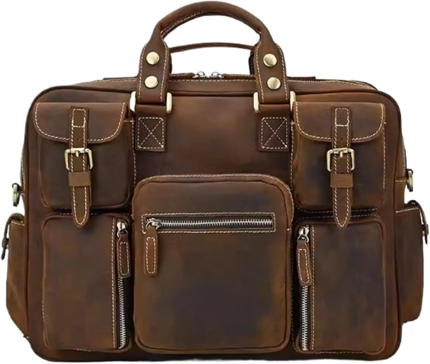 Vintage Briefcase Men's Leather Tote Multi-pocket Travel Bag Top Leather Shoulder Bag Computer Bag