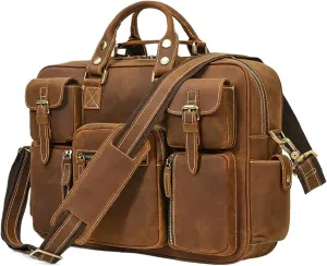 Vintage Briefcase Men's Leather Tote Multi-pocket Travel Bag Top Leather Shoulder Bag Computer Bag