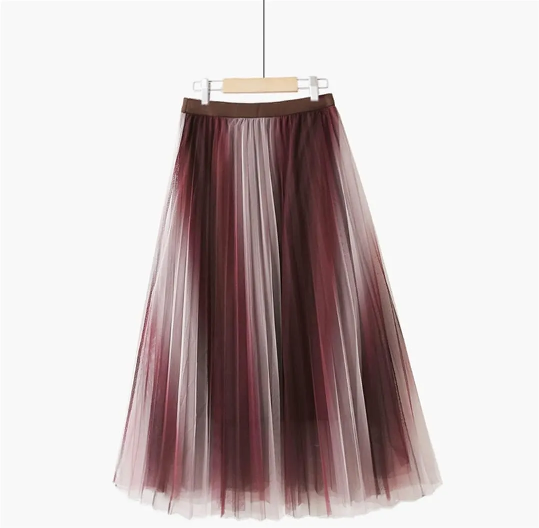 Vintage Gradient Tulle Midi Skirt for Women High Waist Pleated Mesh A-Line Skirt