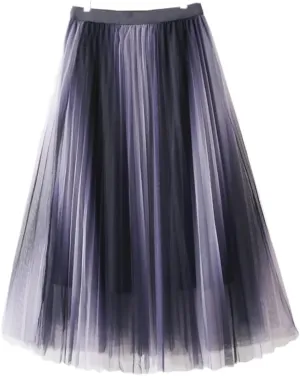 Vintage Gradient Tulle Midi Skirt for Women High Waist Pleated Mesh A-Line Skirt