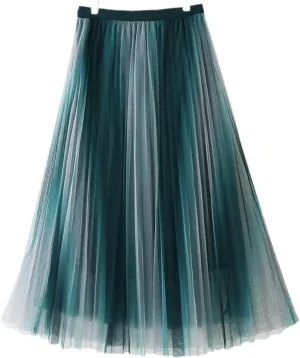 Vintage Gradient Tulle Midi Skirt for Women High Waist Pleated Mesh A-Line Skirt