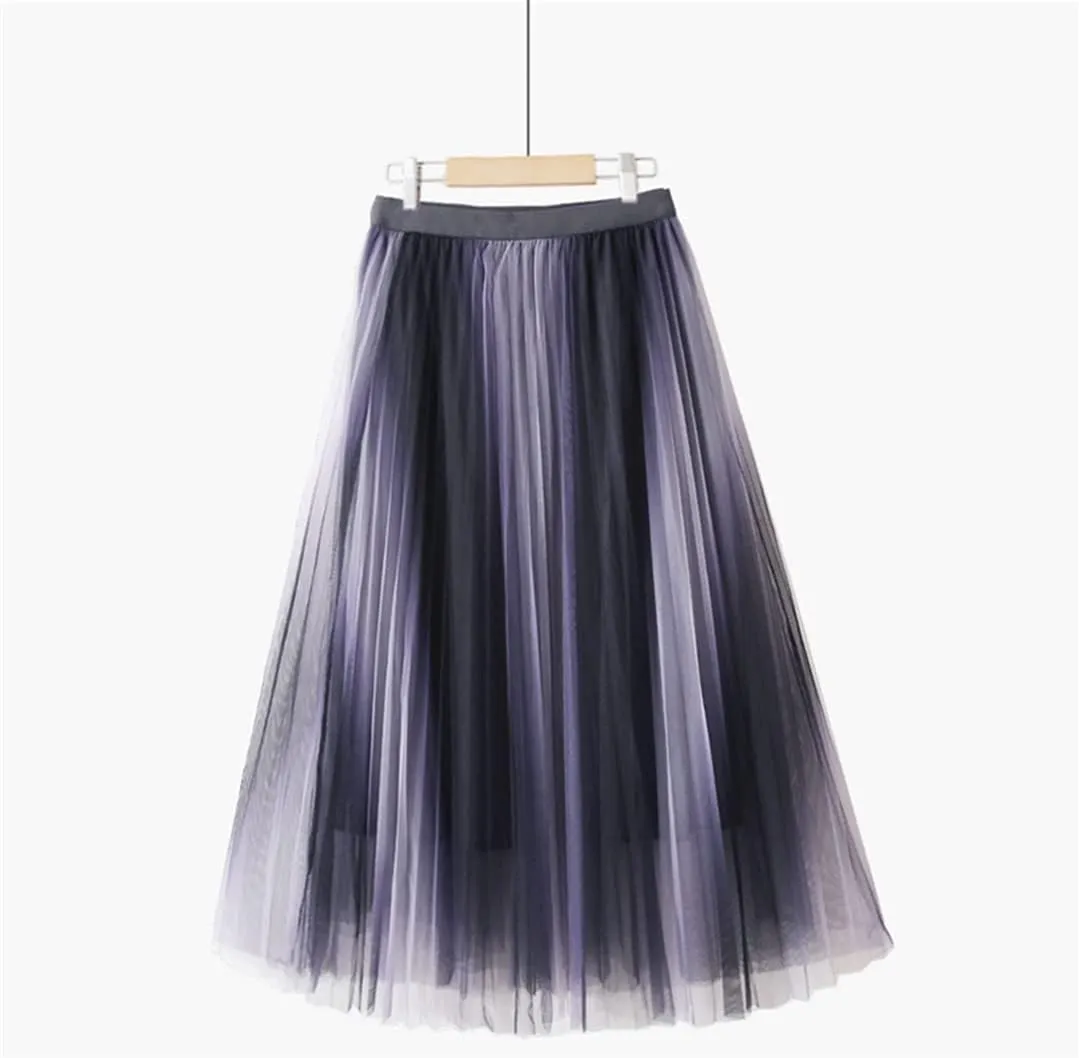 Vintage Gradient Tulle Midi Skirt for Women High Waist Pleated Mesh A-Line Skirt