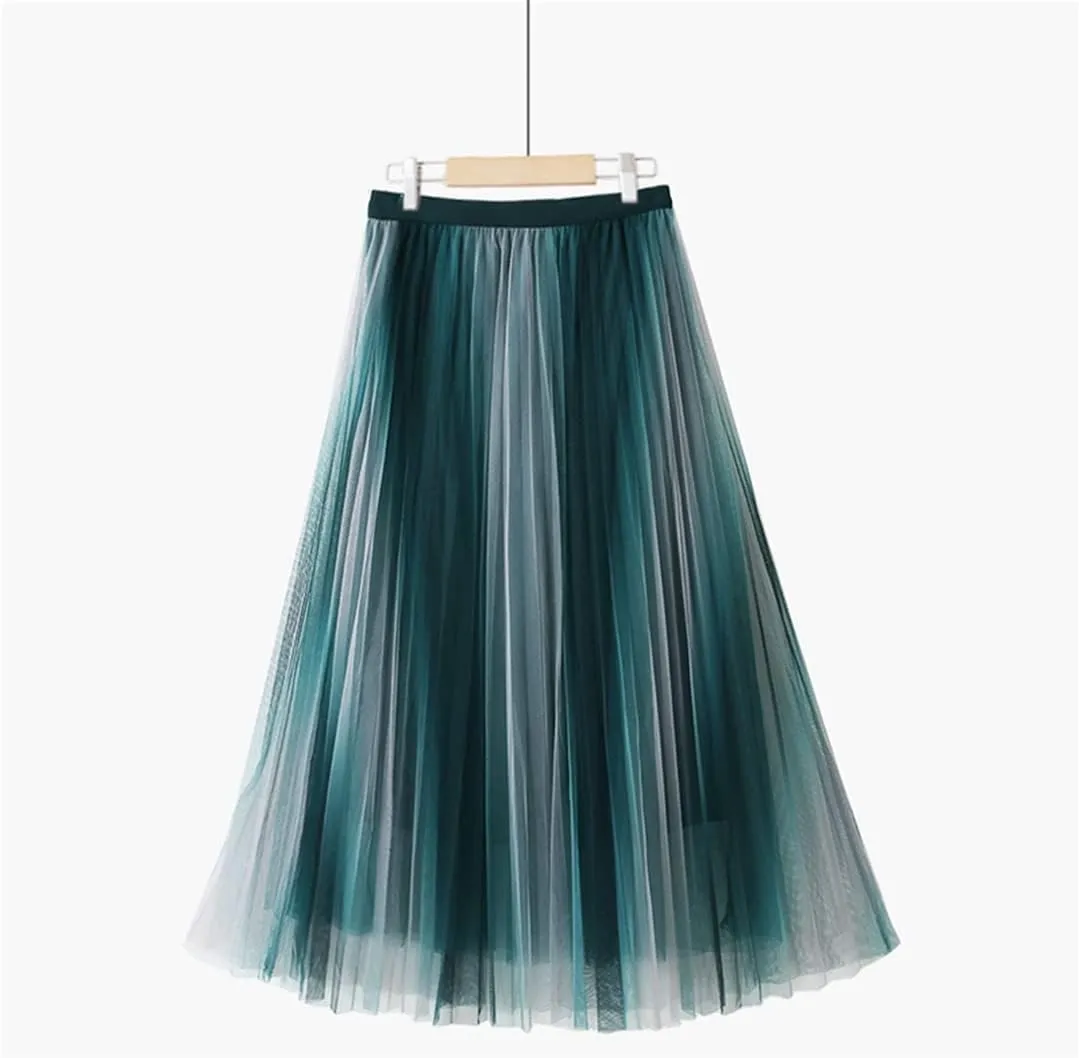 Vintage Gradient Tulle Midi Skirt for Women High Waist Pleated Mesh A-Line Skirt