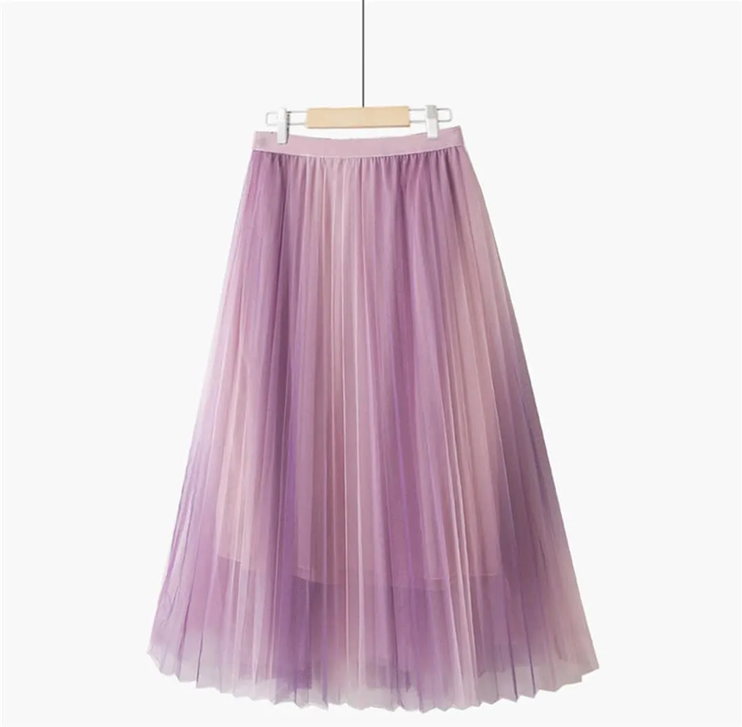 Vintage Gradient Tulle Midi Skirt for Women High Waist Pleated Mesh A-Line Skirt