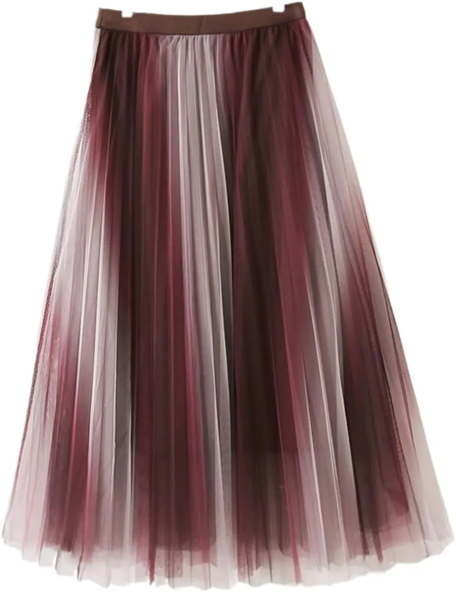 Vintage Gradient Tulle Midi Skirt for Women High Waist Pleated Mesh A-Line Skirt
