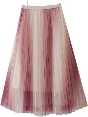 Vintage Gradient Tulle Midi Skirt for Women High Waist Pleated Mesh A-Line Skirt