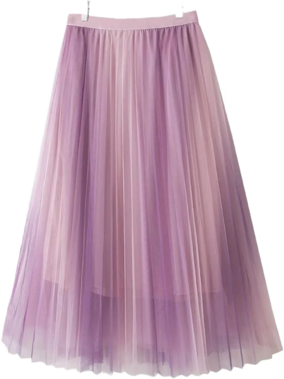 Vintage Gradient Tulle Midi Skirt for Women High Waist Pleated Mesh A-Line Skirt