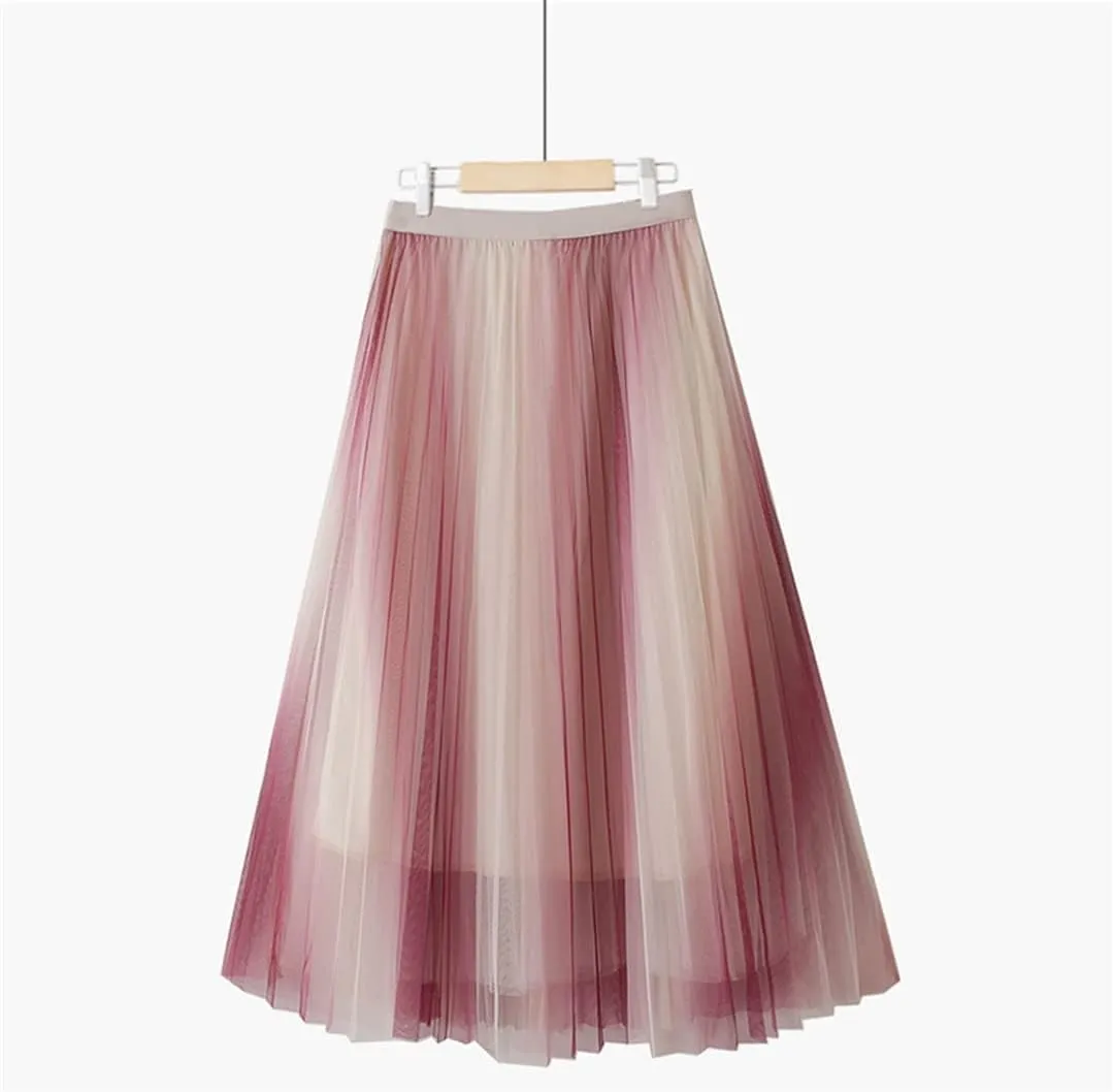 Vintage Gradient Tulle Midi Skirt for Women High Waist Pleated Mesh A-Line Skirt