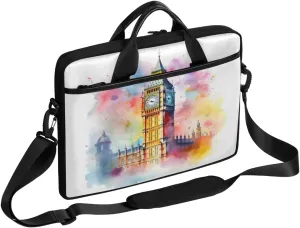 Watercolor Clock Tower Laptop Case Bag with Detachable Strap Waterproof Laptop Bag Notebook Carrying Case 15.6 inch Laptop Sleeve Bag for Men Women Work Travel