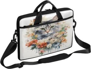 Watercolour Cat Wreath Laptop Case Bag with Detachable Strap Waterproof Laptop Bag Notebook Carrying Case 15.6 inch Laptop Sleeve Bag for Men Women Work Travel