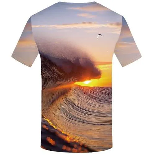 Wave T-shirt Men Moon Tshirts Novelty Animal Tshirt Printed Flame Tshirts Casual Sky Shirt Print Short Sleeve Full Print Men