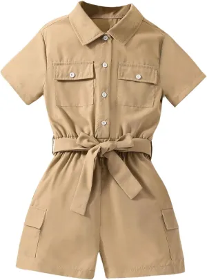WDIRARA Girl's Button Down Flap Pocket Mini Romper Short Collared Neck Short Sleeve Belted Shirt Jumpsuit