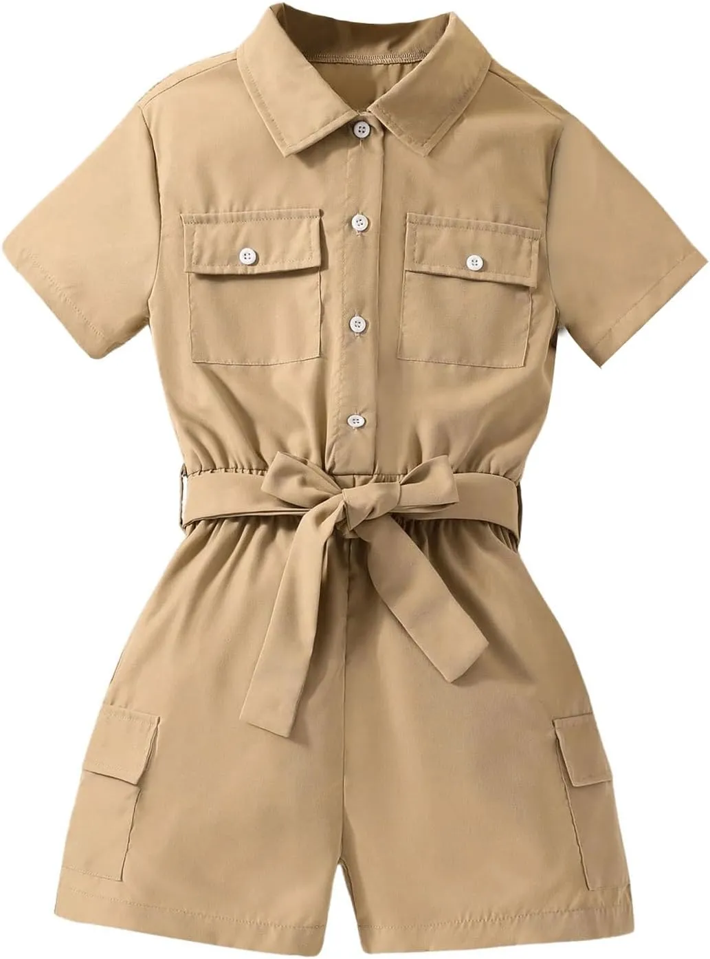 WDIRARA Girl's Button Down Flap Pocket Mini Romper Short Collared Neck Short Sleeve Belted Shirt Jumpsuit